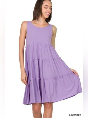 Zenana Women Ruffle Tiered Knee Length Swing Dress in Lavender, size small NWOT